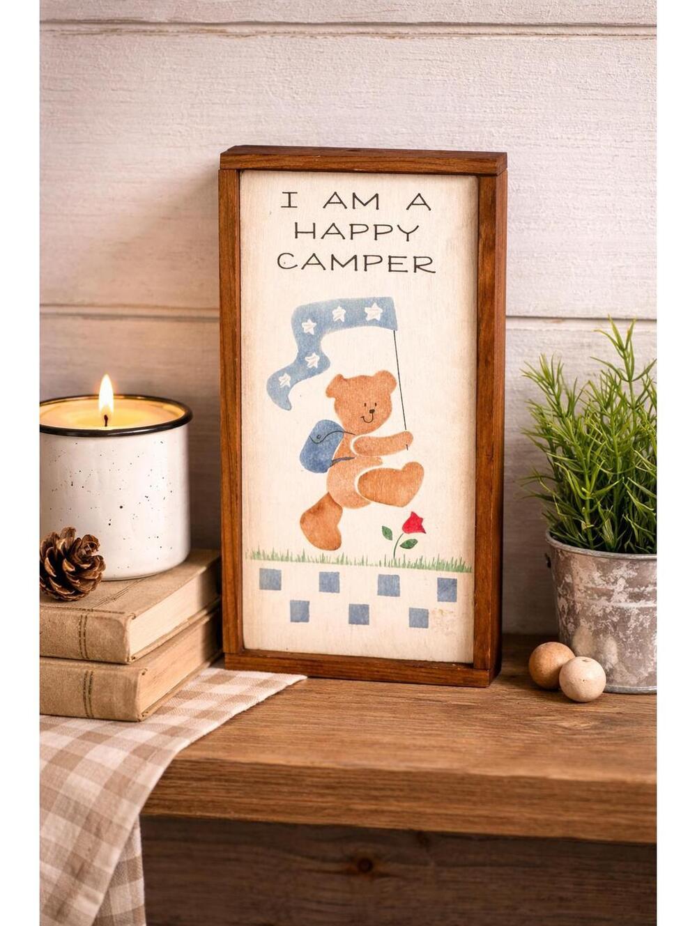Vintage Happy Camper Sign: Bear Decor, Rustic Cabin Wall Art (USA Made)